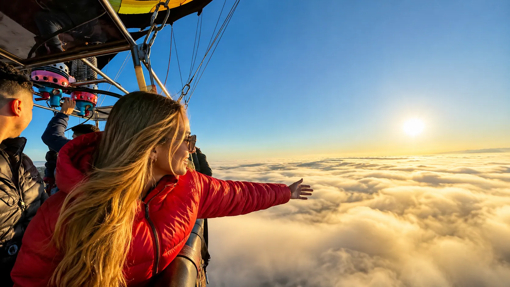 Passenger in a red jacket reaching out over a sea of clouds at sunrise